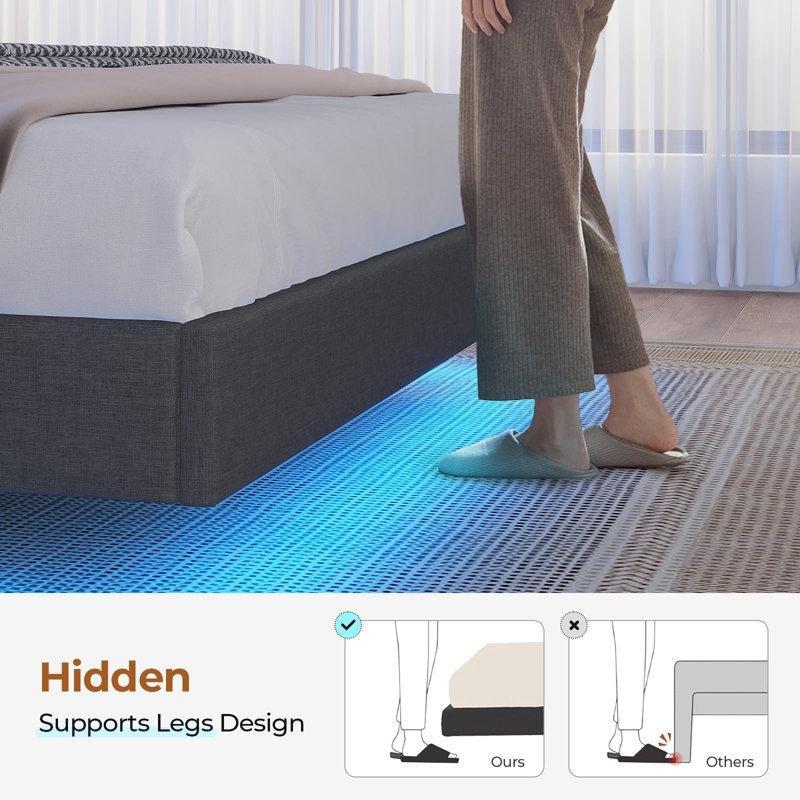 Keten Dokulu RGB LED Işıklı ve Şarj İstasyonlu Kitaplık Başlıklı Uçan Karyola - 137x205 cm - 142393