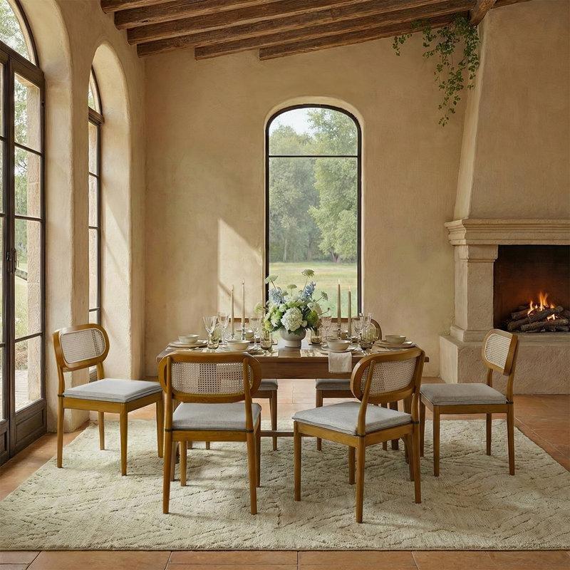 Keten Döşemeli Masif Ahşap 6lı Set Rattan Sandalye - 87 cm - 146334