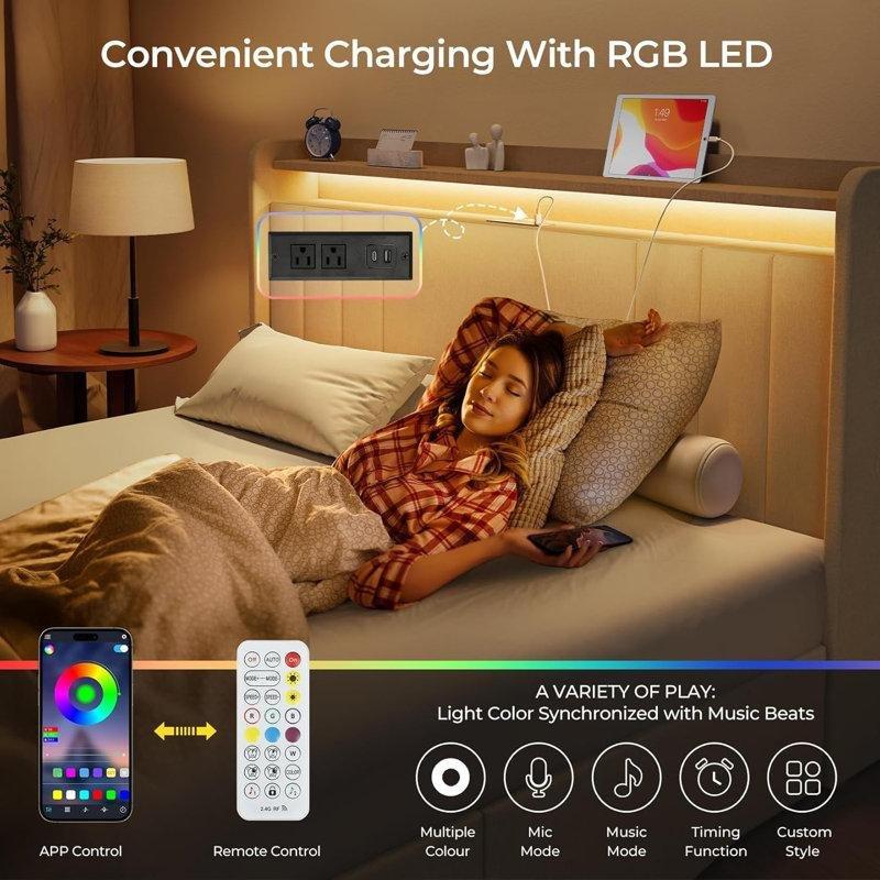 Keten Döşemeli RGB LED ve Şarj İstasyonlu 4 Çekmeceli Karyola - 138x204 cm - 142309