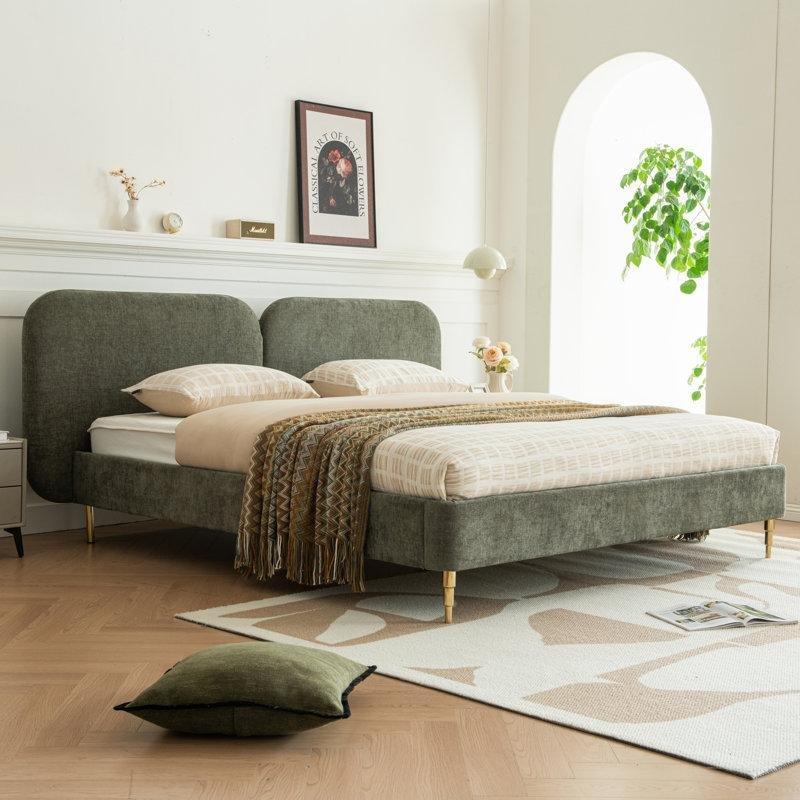 Keten Kumaş Döşemeli Geniş Başlıklı Metal Ayaklı Platform Karyola - 143470