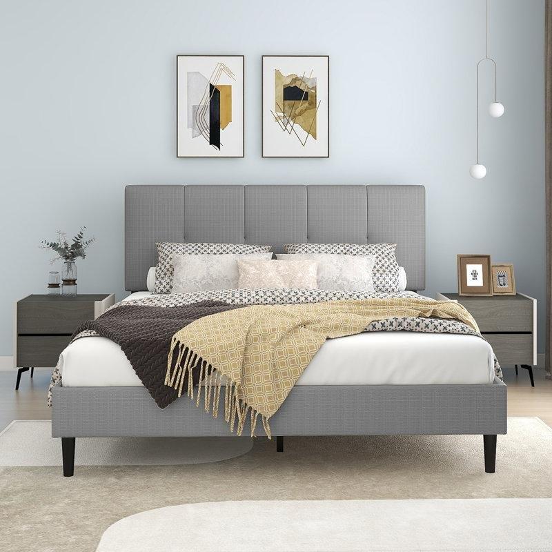 Keten Kumaş Döşemeli Ham Ahşap Platform Karyola - 164x215 cm - 143467