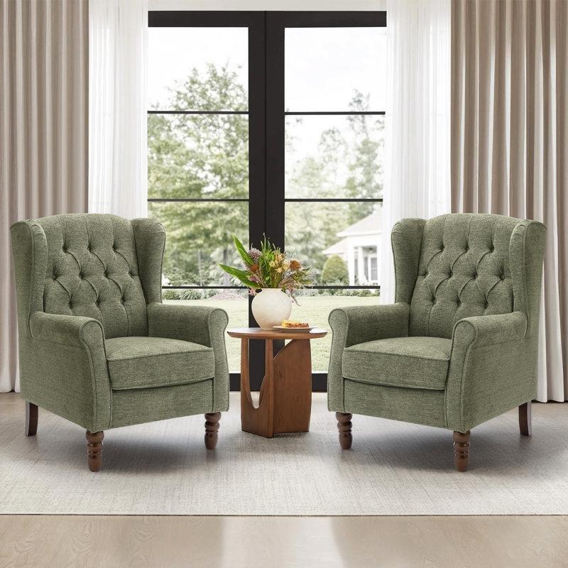 Keten Kumaş Düğme Detaylı Masif Ahşap Ayaklı Kulaklı Berjer Koltuk - 156730