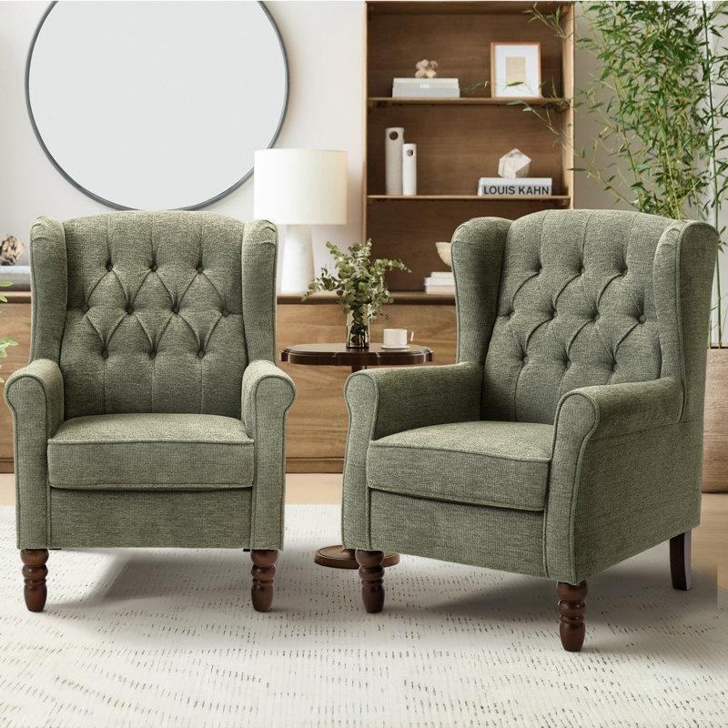 Keten Kumaş Düğme Detaylı Masif Ahşap Ayaklı Kulaklı Berjer Koltuk - 156730