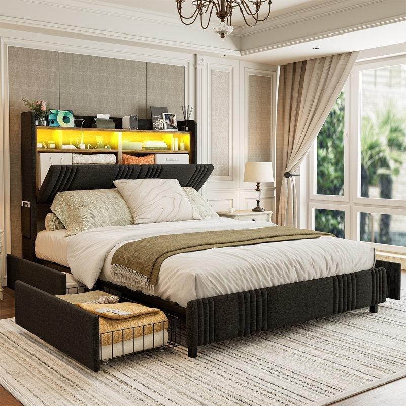 Keten Kumaş Kaplı Gizli Bölmeli LED Işıklı ve Şarj İstasyonlu 4 Çekmeceli Tek Kişilik Karyola - 100x227 cm - 142159