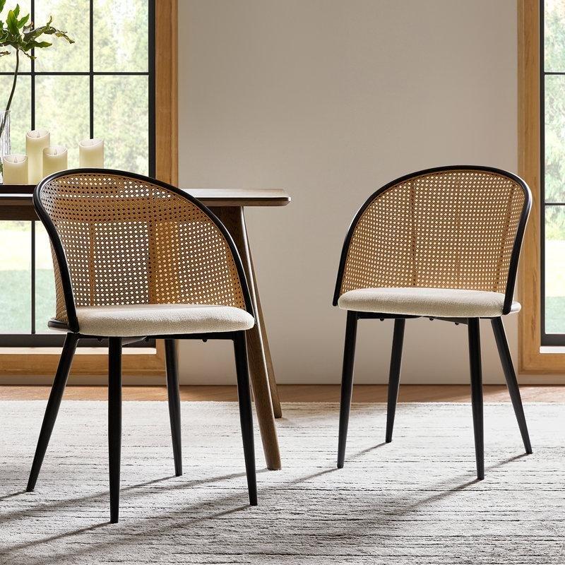 Keten Polyester Döşemeli Siyah Metal Ayaklı 2li Set Rattan Sandalye - 146265