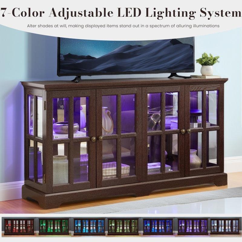 Kiraz Rengi Ahşap ve Cam LED Aydınlatmalı Ayarlanabilir Raflı Vitrin - Gümüşlük - 151 cm - 157138