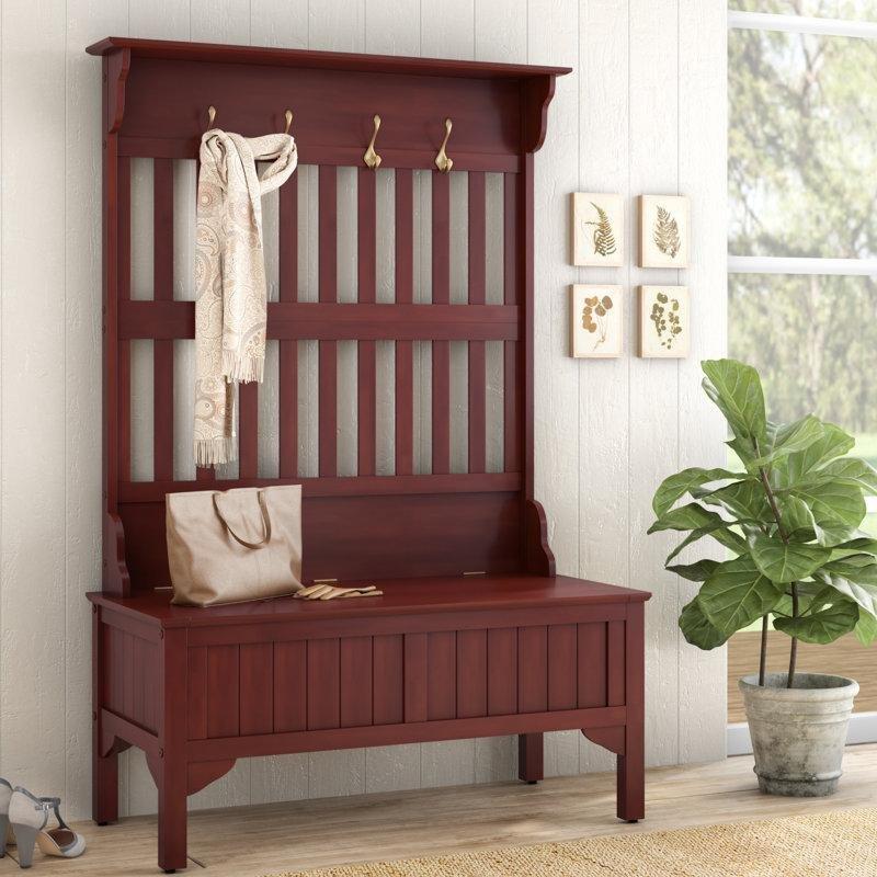 Kiraz Rengi Masif Çam Ağacı Oturaklı ve Depolamalı 4 Askılı Portmanto Vestiyer - 102 cm - 159826