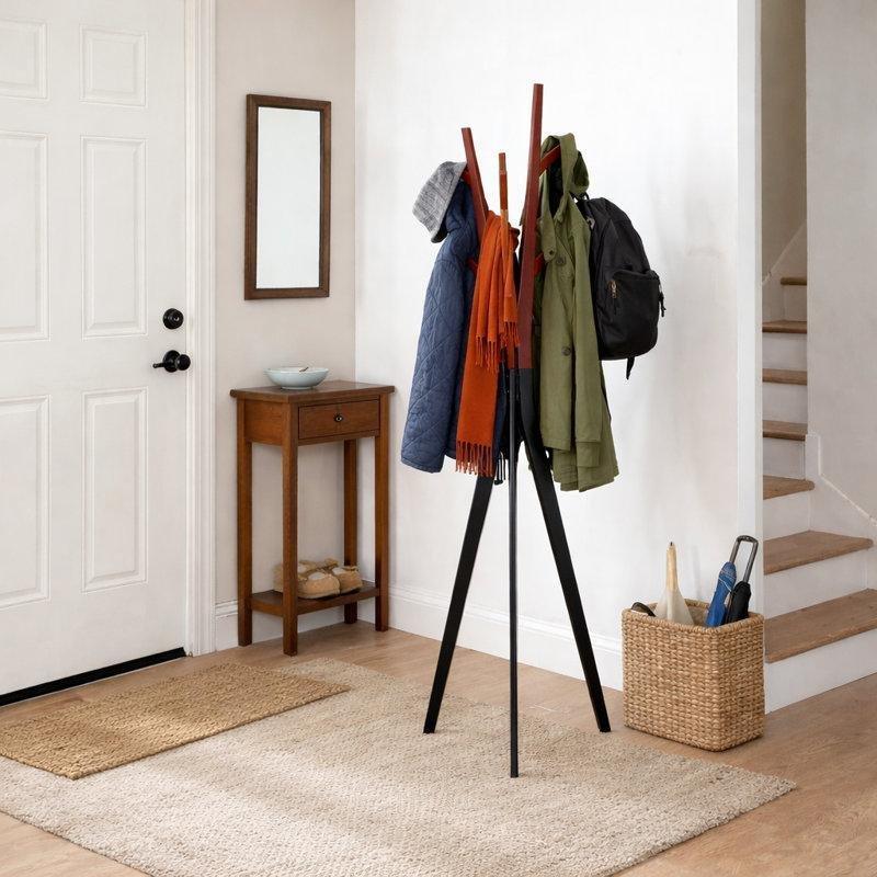 Kiraz ve Siyah Renk Masif Ahşap 6 Kancalı Tripod Ayaklı Portmanto Askılık - 183 cm - 161332