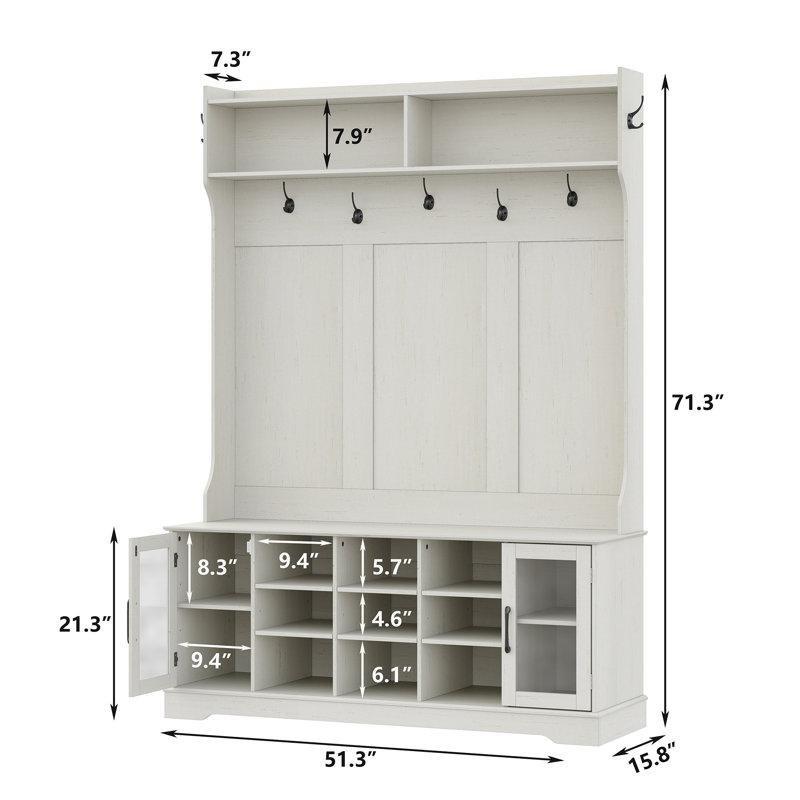 Kırık Beyaz Ahşap Oturaklı ve Ayakkabılıklı 9 Askılı Portmanto Vestiyer - 131 cm - 159829