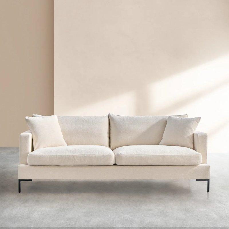 Kırık Beyaz Kumal Kumaş Kuş Tüyü Dolgulu Siyah Metal Ayaklı 3 Kişilik Koltuk - 215 cm - 154586