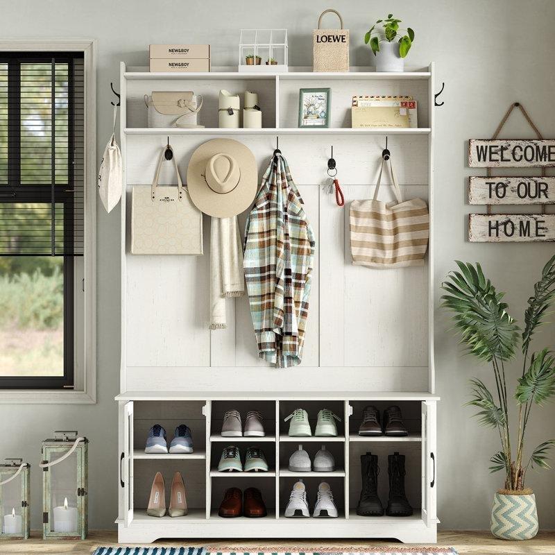 Kırık Beyaz Suntalam Oturaklı ve Ayakkabılıklı 9 Askılı Portmanto Vestiyer - 121 cm - 159670