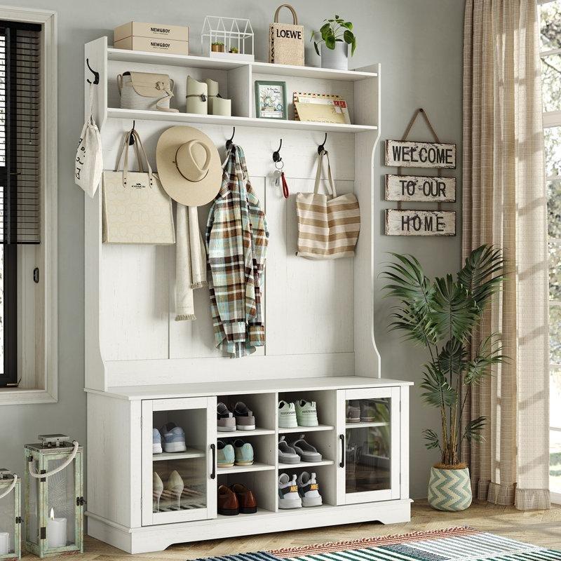 Kırık Beyaz Suntalam Oturaklı ve Ayakkabılıklı 9 Askılı Portmanto Vestiyer - 121 cm - 159670