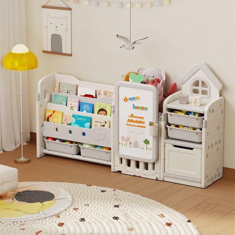 Kirli Beyaz Katlanabilir Çizim Tahtalı 3 Katlı Kitaplıklı Plastik Oyuncak Dolabı - 150 cm - 150468