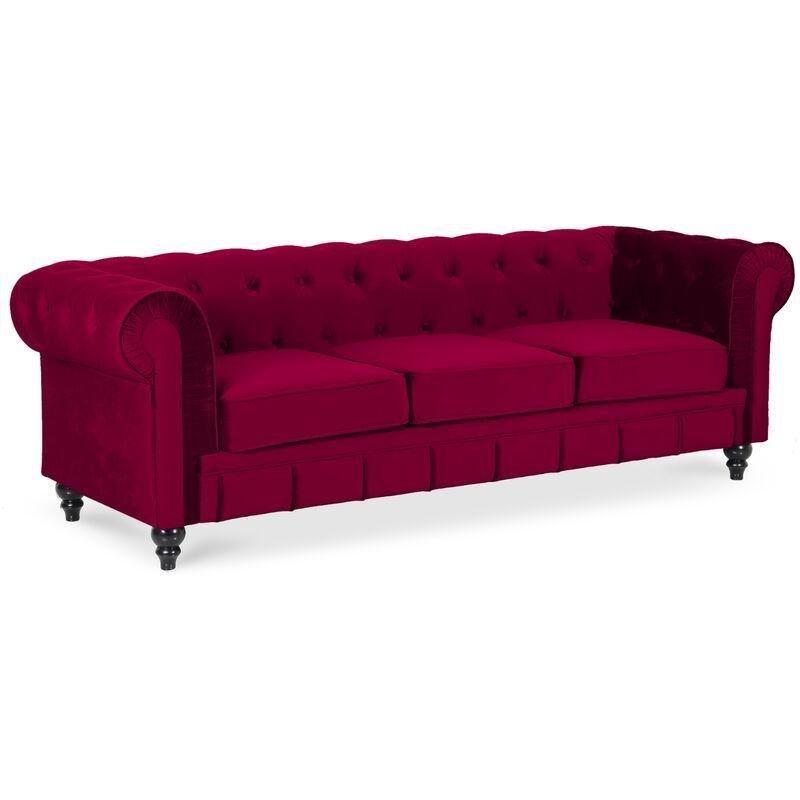 Kırmızı Kadife Chesterfield 3 Kişilik Koltuk - 207 cm - 152777