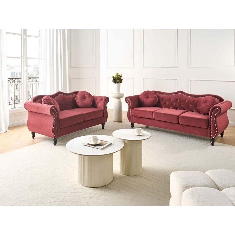 Kırmızı Kadife Chesterfield Kapitoneli 2li ve 3lü Koltuk Takımı - 154362