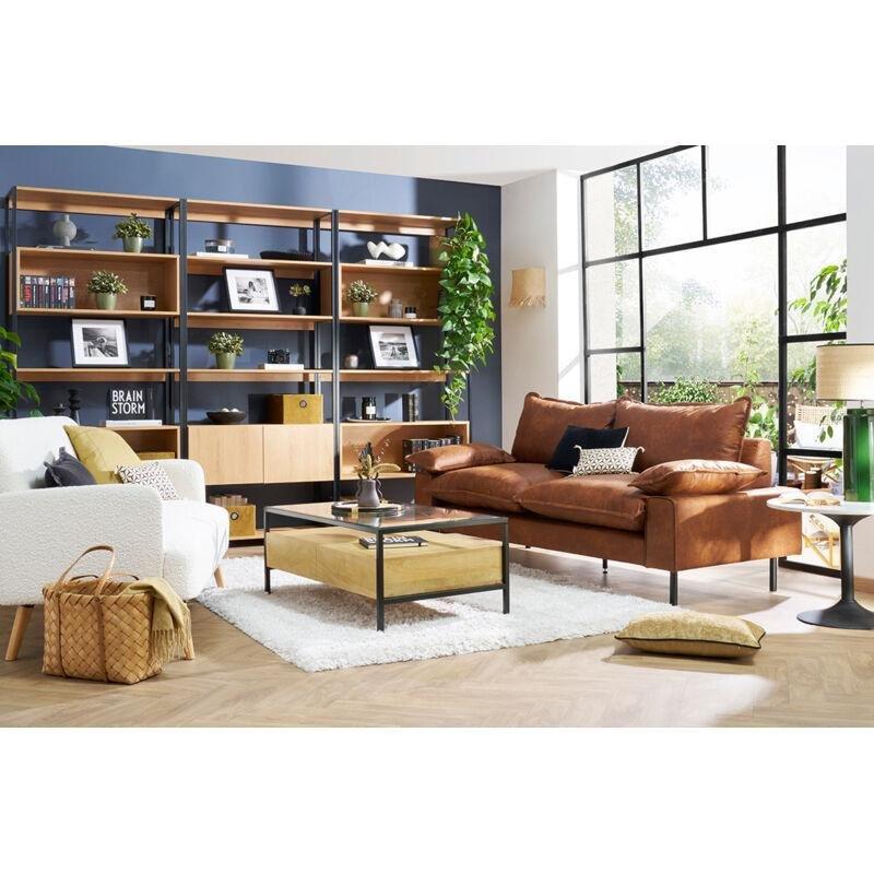 Konyak Kahverengi Eskitme Tasarım Deri Koltuk Siyah Metal Ayaklı - 196 cm - 152606