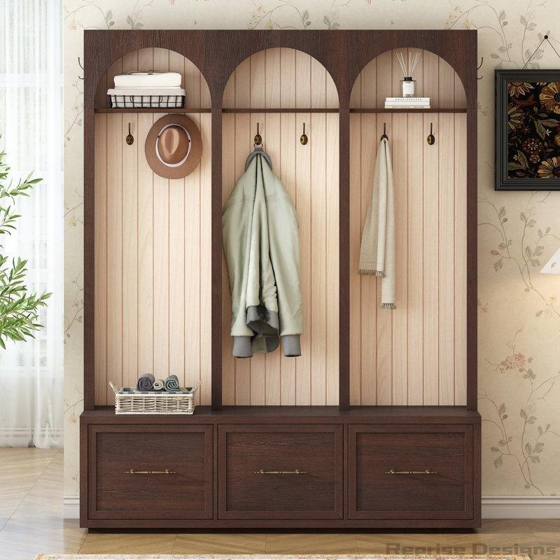 Koyu Ceviz MDF Oturaklı 8 Askılı 3 Çekmeceli Portmanto Vestiyer - 150 cm - 159535