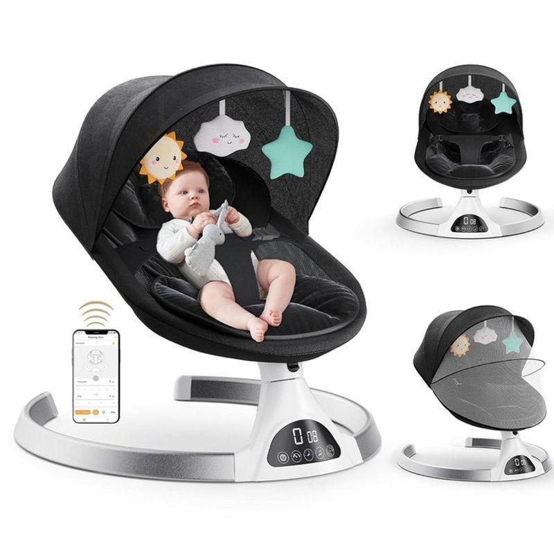 Koyu Gri Bluetoothlu Uzaktan Kumandalı 5 Kademeli Otomatik Sallanan Ana Kucağı Beşik - 60x64x80 cm - 162391