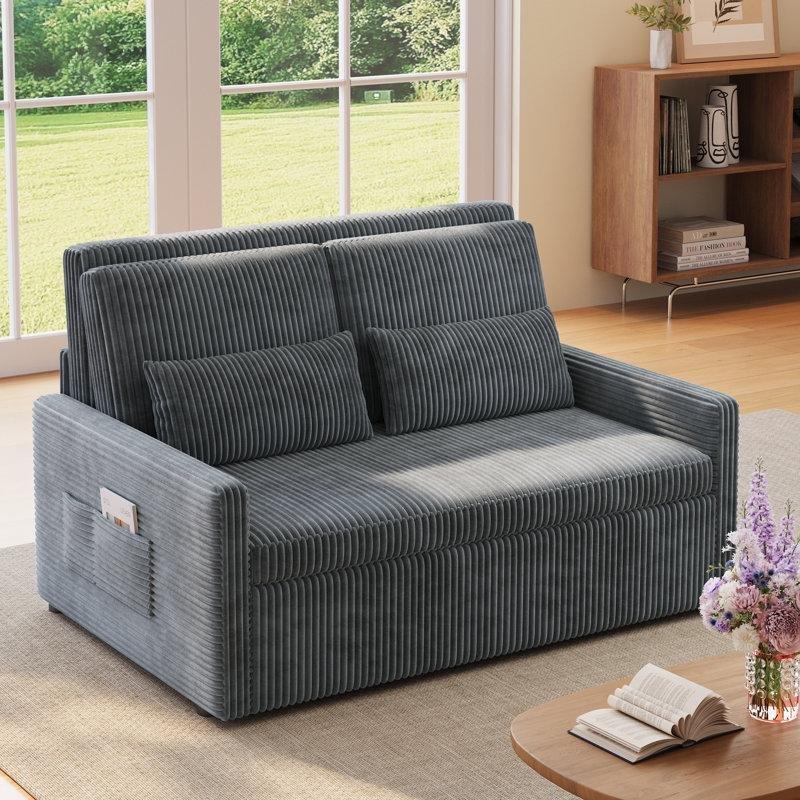 Koyu Gri Kadife Kumaş Yan Cepli 3ü 1 Arada Yataklı İkili Koltuk - 129 cm - 151861