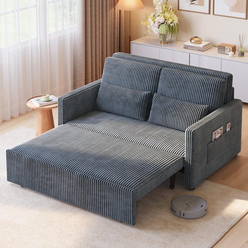 Koyu Gri Kadife Kumaş Yan Cepli 3ü 1 Arada Yataklı İkili Koltuk - 129 cm - 151861