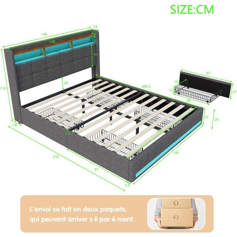 Koyu Gri Kadife LED Işıklı USB Şarjlı 4 Çekmeceli Baza - 140x200 cm - 143826