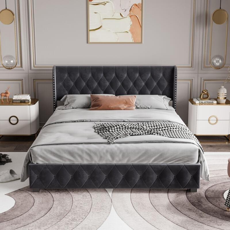 Koyu Gri Kadife Perçin Detaylı Sandıklı Baza - 160x200 cm - 143749