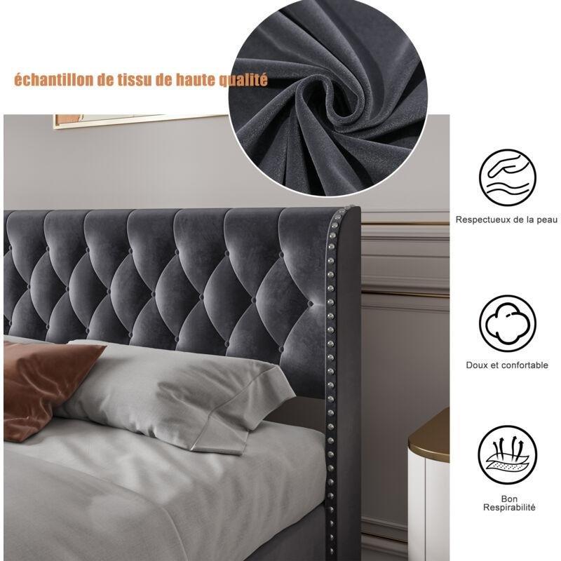 Koyu Gri Kadife Perçin Detaylı Sandıklı Baza - 160x200 cm - 143749