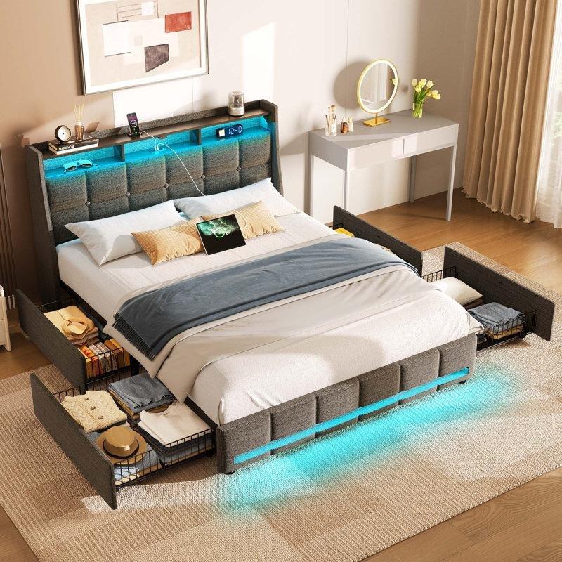 Koyu Gri Keten Döşemeli LED Işıklı USB Portlu Raflı Çekmeceli Karyola - 140x200 cm - 143248