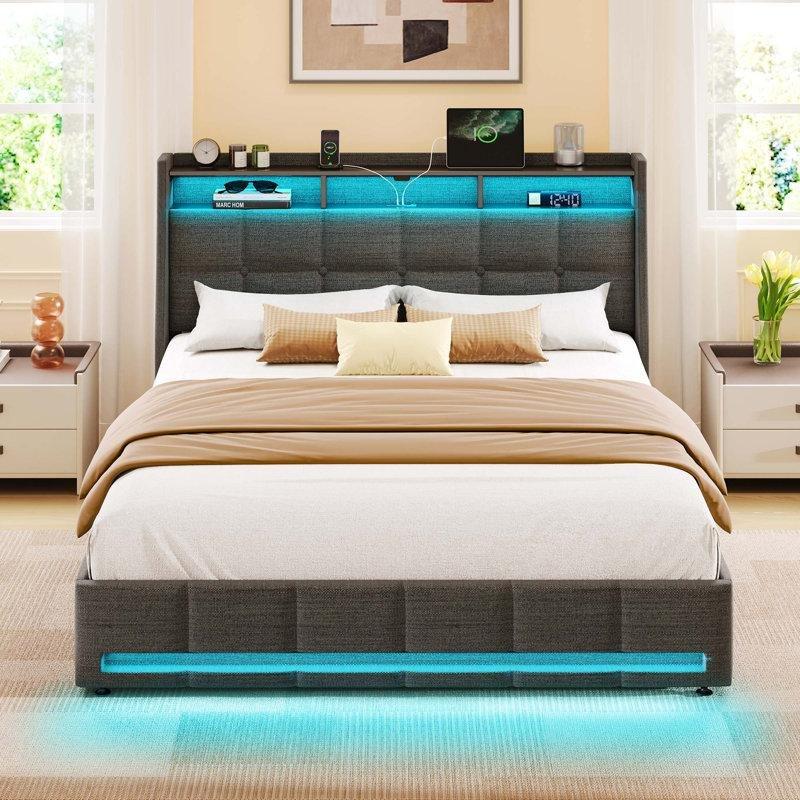 Koyu Gri Keten Döşemeli LED Işıklı USB Portlu Raflı Çekmeceli Karyola - 140x200 cm - 143248
