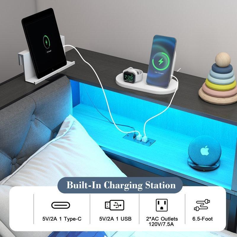 Koyu Gri Keten Döşemeli LED Işıklı ve USB Şarjlı 2 Çekmeceli Raflı Metal Köşe Karyola - 143320
