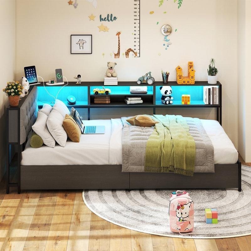 Koyu Gri Keten Döşemeli LED Işıklı ve USB Şarjlı 2 Çekmeceli Raflı Metal Köşe Karyola - 143320