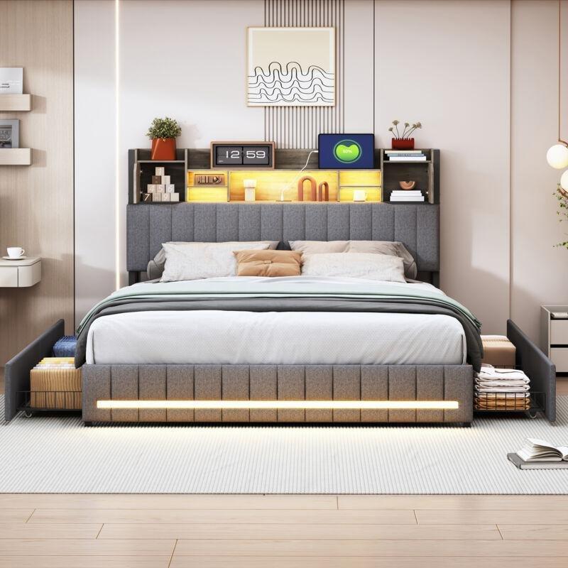 Koyu Gri Keten Kumaş LED Işıklı USB Şarjlı 4 Çekmeceli Başlık Raflı Baza - 140x200 cm - 143603