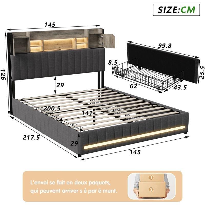 Koyu Gri Keten Kumaş LED Işıklı USB Şarjlı 4 Çekmeceli Başlık Raflı Baza - 140x200 cm - 143603