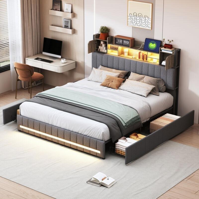 Koyu Gri Keten Kumaş LED Işıklı USB Şarjlı 4 Çekmeceli Başlık Raflı Baza - 140x200 cm - 143603