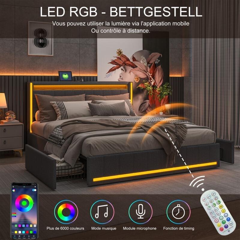 Koyu Gri Keten Kumaş LED Işıklı USB Şarjlı 4 Çekmeceli Kapitoneli Baza - 140x200 cm - 143791