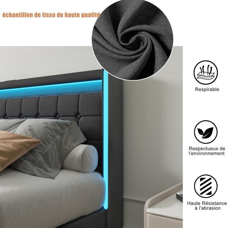 Koyu Gri Keten Kumaş LED Işıklı USB Şarjlı 4 Çekmeceli Kapitoneli Baza - 140x200 cm - 143791