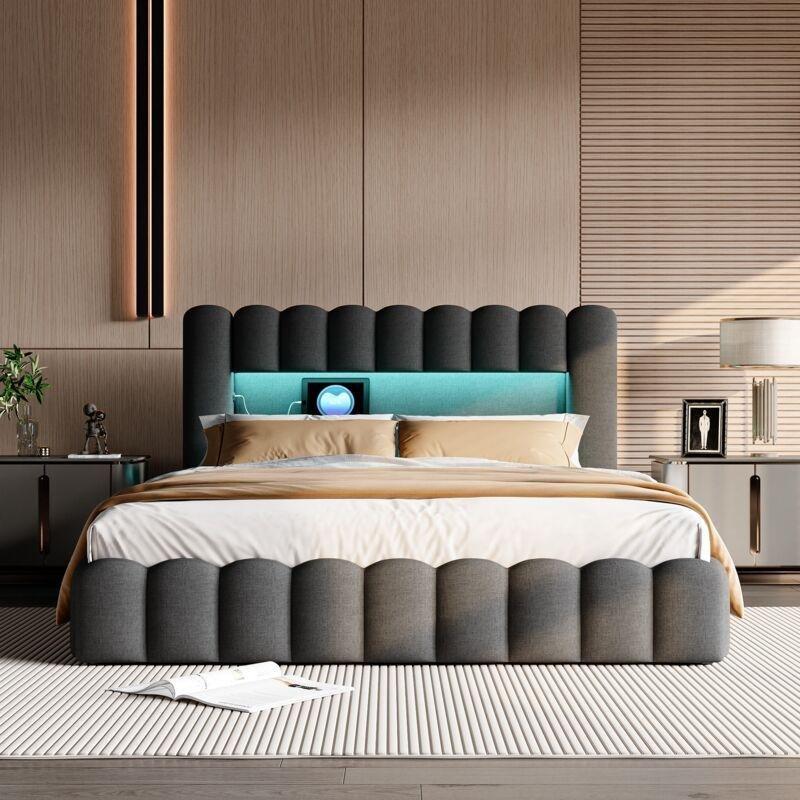 Koyu Gri Keten Kumaş LED Işıklı ve USB Portlu Hidrolik Sandıklı Baza - 140x200 cm - 143693