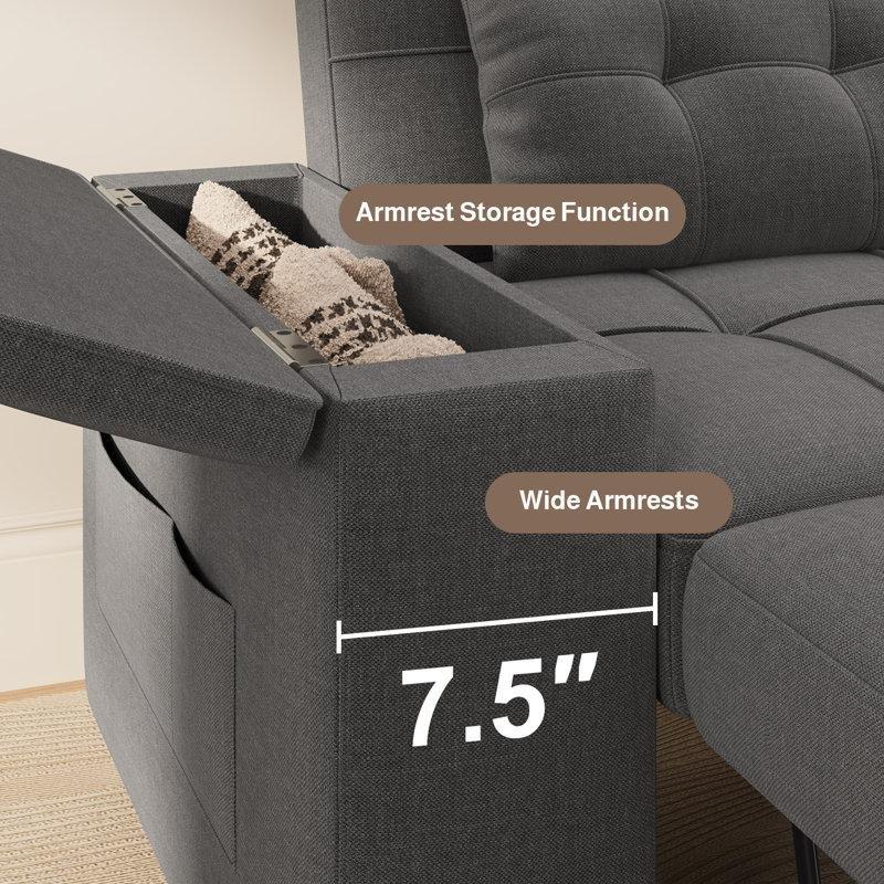 Koyu Gri Keten Kumaş Yataklı Saklama Alanlı ve Ayarlanabilir Sırtlıklı Köşe Koltuk - 221 cm - 151846