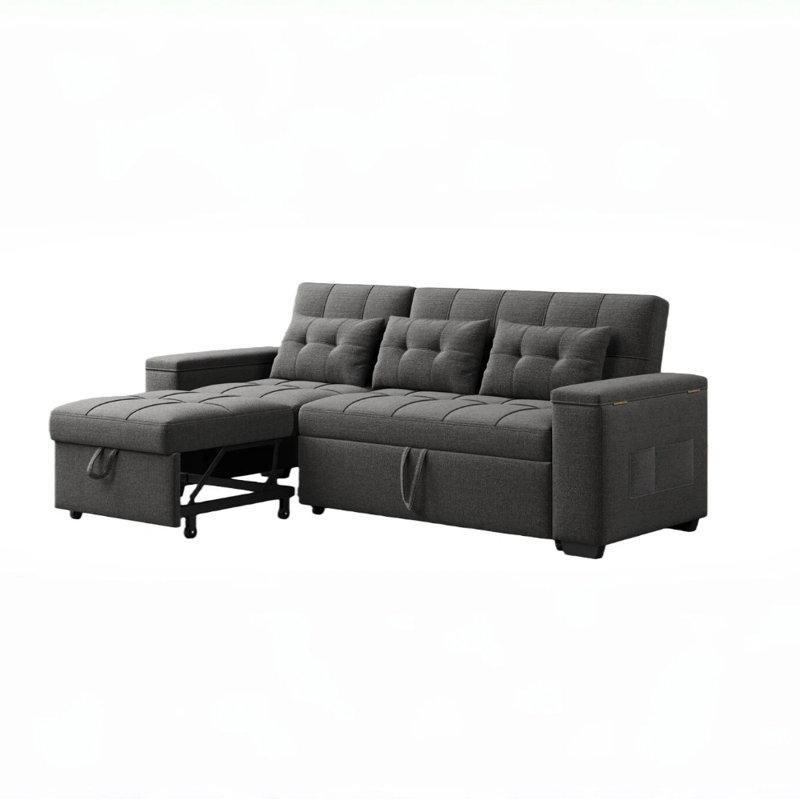 Koyu Gri Keten Kumaş Yataklı Saklama Alanlı ve Ayarlanabilir Sırtlıklı Köşe Koltuk - 221 cm - 151846