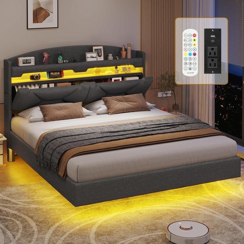 Koyu Gri Kumaş Döşemeli RGB LED Işıklı ve Şarj İstasyonlu Gizli Bölmeli Yüzen Tasarım Karyola - 154x222 cm - 142366
