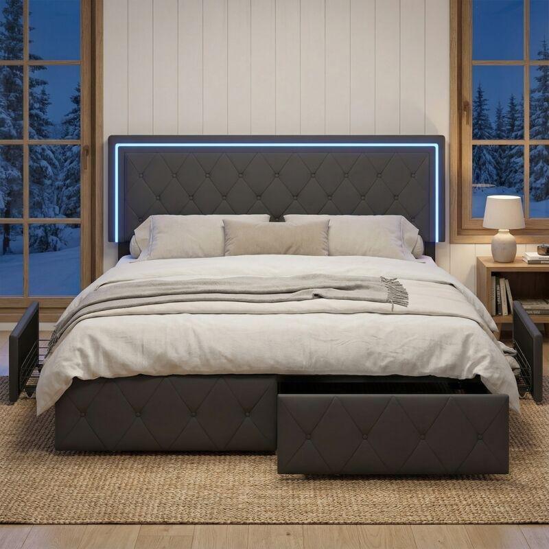 Koyu Gri Suni Deri 4 Çekmeceli LED Işıklı Ayarlanabilir Başlıklı Baza - 140x200 cm - 143906