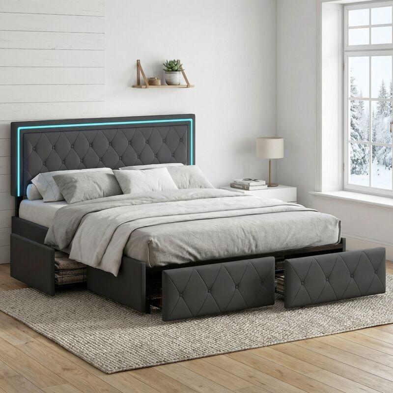 Koyu Gri Suni Deri 4 Çekmeceli LED Işıklı Ayarlanabilir Başlıklı Baza - 140x200 cm - 143906