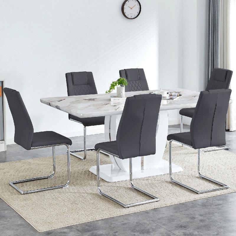 Koyu Gri Suni Deri Baklava Desenli Konsol Tasarım Krom Ayaklı 6lı Yemek Masası Sandalyesi - 146016