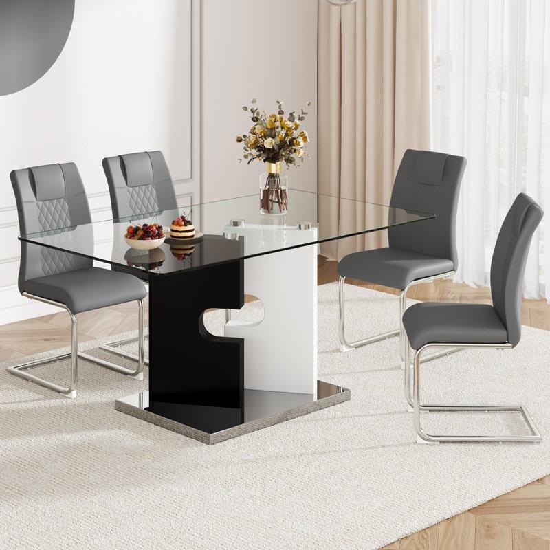 Koyu Gri Suni Deri Baklava Desenli Konsol Tasarım Krom Ayaklı 6lı Yemek Masası Sandalyesi - 146016