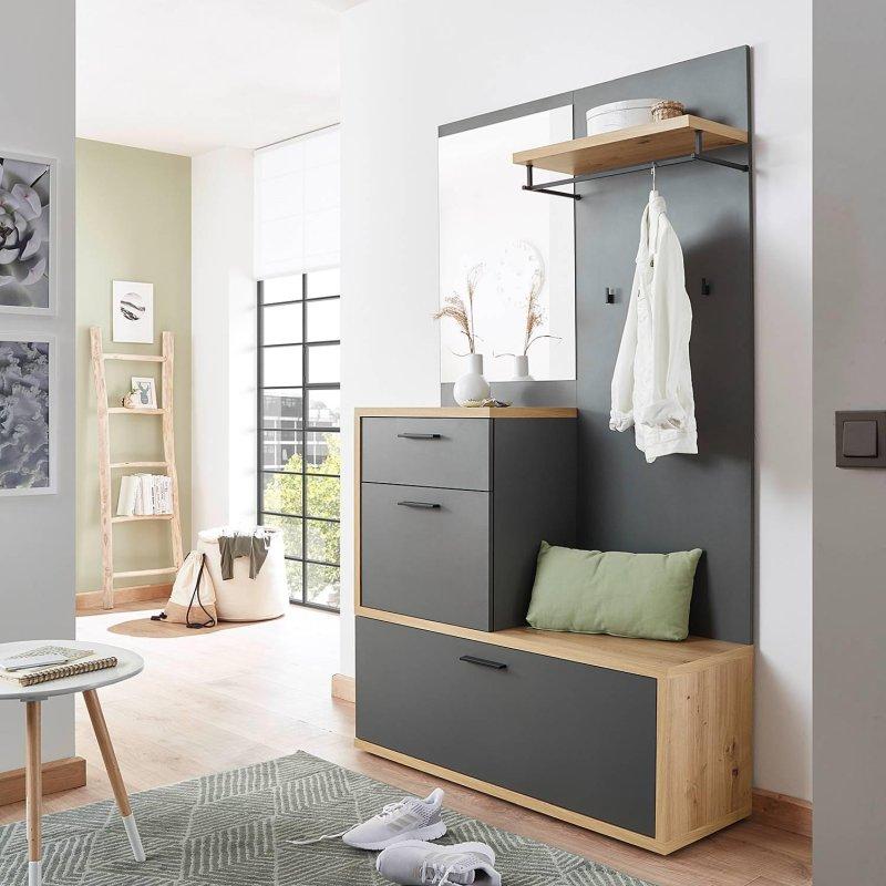 Koyu Gri ve Artisan Meşe Yonga Levha Aynalı Oturaklı Portmanto Vestiyer - 115 cm - 158917