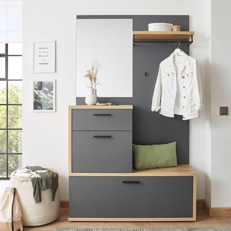 Koyu Gri ve Artisan Meşe Yonga Levha Aynalı Oturaklı Portmanto Vestiyer - 115 cm - 158917