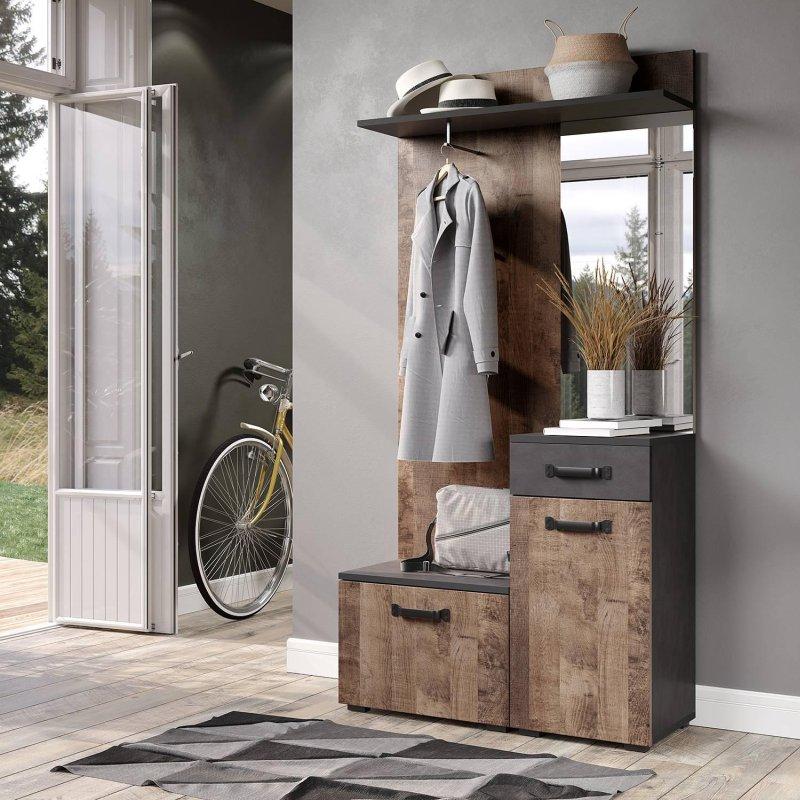 Koyu Gri ve Rustik Sunta 2 Kapaklı Portmanto Vestiyer - 104x32x190 cm - 158809