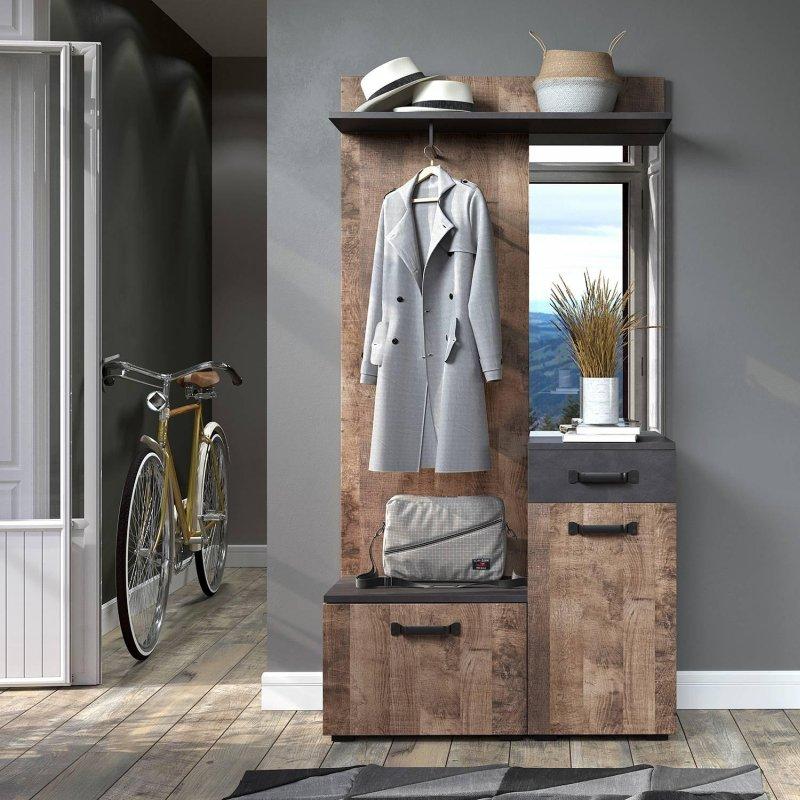 Koyu Gri ve Rustik Sunta 2 Kapaklı Portmanto Vestiyer - 104x32x190 cm - 158809