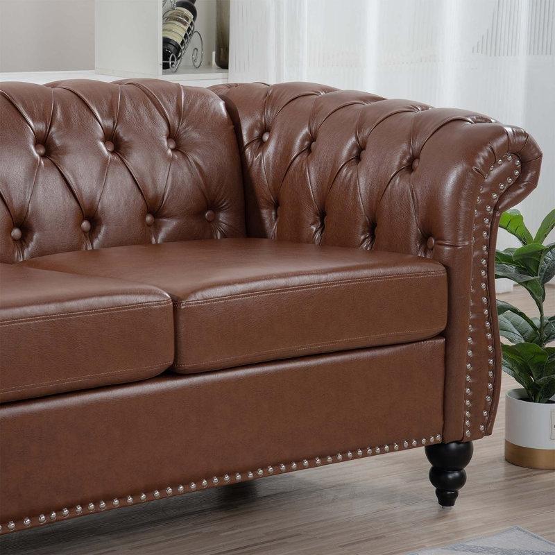 Koyu Kahverengi Suni Deri Kapitoneli Zımba Detaylı Chesterfield Üçlü Koltuk - 214 cm - 151813