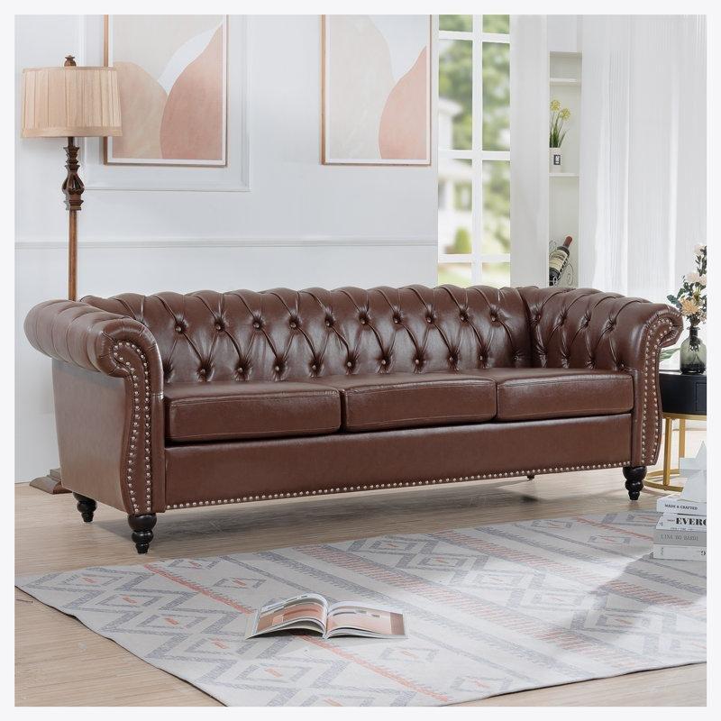 Koyu Kahverengi Suni Deri Kapitoneli Zımba Detaylı Chesterfield Üçlü Koltuk - 214 cm - 151813